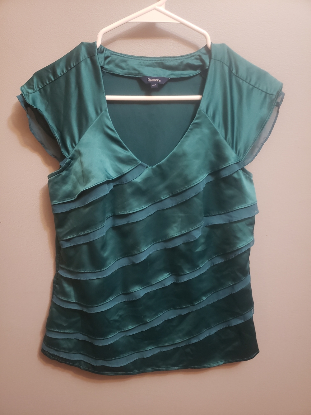 Reitmans Teal Layered V-Neck Cap Sleeve Blouse
